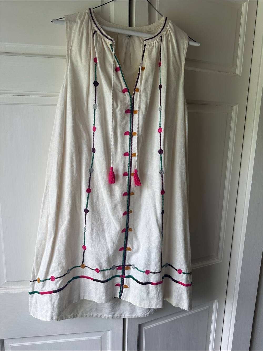 Madewell Cream Midi Dress with Pink & Green Embroidery